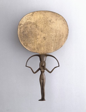  <em>Mirror</em>, ca. 1478–1390 B.C.E. Silver and copper alloy, 9 3/4 x diam. 5 1/2 in. (24.7 x 14 cm). Brooklyn Museum, Charles Edwin Wilbour Fund, 37.635E. Creative Commons-BY (Photo: Brooklyn Museum, 37.635E_SL1.jpg)