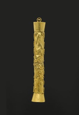  <em>Hollow Cylindrical Amulet</em>, ca. 1938-1759 B.C.E. Gold, 1 7/8 in. (4.8 cm) high x 5/16 in. (0.8 cm) diameter. Brooklyn Museum, Charles Edwin Wilbour Fund, 37.701E. Creative Commons-BY (Photo: Brooklyn Museum, 37.701E_PS2.jpg)
