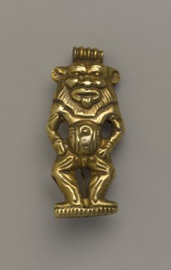  <em>Amulet in the Form of the God Bes</em>, ca. 1390–1322 B.C.E. Gold, 1 7/16 x 11/16 x 3/8 in. (3.6 x 1.7 x 1 cm). Brooklyn Museum, Charles Edwin Wilbour Fund, 37.710E. Creative Commons-BY (Photo: Brooklyn Museum, 37.710E_front_PS4.jpg)