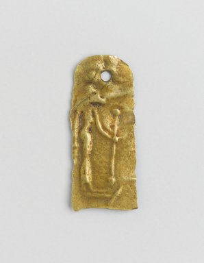  <em>Plaque of the Goddess Hathor in Relief</em>, ca. 664-525 B.C.E. or later. Gold, 1 × 5/8 × 1/16 in. (2.5 × 1.6 × 0.2 cm). Brooklyn Museum, Charles Edwin Wilbour Fund, 37.810E. Creative Commons-BY (Photo: Brooklyn Museum, 37.810E_PS4.jpg)