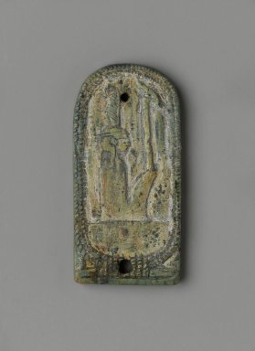  <em>Inscribed Plaque with the Cartouche of Amunhotep III</em>, ca. 1390–1352 B.C.E., or later. Steatite, glaze, 1 5/8 x 13/16 x 1/8 in. (4.2 x 2 x 0.3 cm). Brooklyn Museum, Charles Edwin Wilbour Fund, 37.865E. Creative Commons-BY (Photo: Brooklyn Museum, 37.865E_front_PS2.jpg)