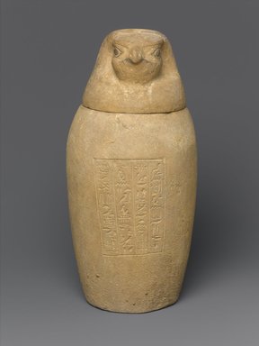  <em>Canopic Jar and Lid (Depicting a Hawk)</em>, 664–404 B.C.E. Limestone, 10 1/4 in. (26 cm) high x 4 1/2 in. (11.4 cm) diameter. Brooklyn Museum, Charles Edwin Wilbour Fund, 37.895Ea-b. Creative Commons-BY (Photo: Brooklyn Museum, 37.895Ea-b_front_PS1.jpg)