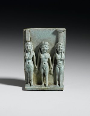  <em>Triad of Isis, the Child Horus, and Nephthys</em>, 305–30 B.C.E. Faience, 2 x 1 7/16 x 5/8 in. (5.1 x 3.6 x 1.6 cm). Brooklyn Museum, Charles Edwin Wilbour Fund, 37.939E. Creative Commons-BY (Photo: Brooklyn Museum, 37.939E_front_PS2.jpg)