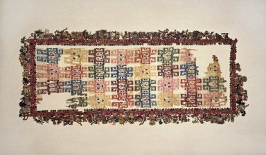 Nasca. <em>Mantle ("The Paracas Textile")</em>, 100-300 C.E. Cotton, camelid fiber, support: 67 1/4 × 33 1/4 in. (170.8 × 84.5 cm). Brooklyn Museum, John Thomas Underwood Memorial Fund, 38.121 (Photo: Brooklyn Museum, 38.121_color_corrected_SL1.jpg)