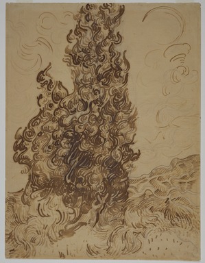 Vincent van Gogh (Dutch, 1853-1890). <em>Cypresses (Les Cyprès)</em>, June 1889. Brown ink and graphite on wove Latune et Cie Balcons paper, 24 3/8 x 18 5/8 in. (61.9 x 47.3 cm). Brooklyn Museum, Frank L. Babbott Fund and A. Augustus Healy Fund, 38.123 (Photo: Brooklyn Museum, 38.123_SL3.jpg)