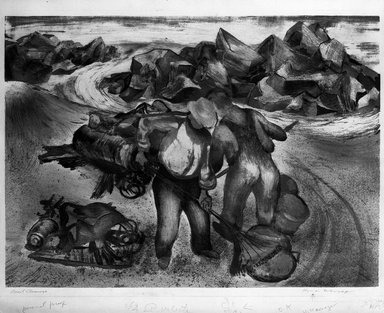 Hyman J. Warsager (American, 1909-1974). <em>Beach Cleaners</em>, n.d. Color lithograph on white wove paper, Sheet: 15 7/8 x 21 3/16 in. (40.3 x 53.8 cm). Brooklyn Museum, Dick S. Ramsay Fund, 38.227 (Photo: Brooklyn Museum, 38.227_bw.jpg)