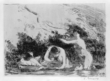 Camille Jacob Pissarro (French, 1830-1903). <em>Bathers in the Shade of Wooded Banks (Baigneuses à l'ombre des berges boisées)</em>, 1894. Lithograph on chine colle paper, 6 1/8 x 8 11/16 in. (15.5 x 22 cm). Brooklyn Museum, Charles Stewart Smith Memorial Fund, 38.420 (Photo: Brooklyn Museum, 38.420_bw.jpg)