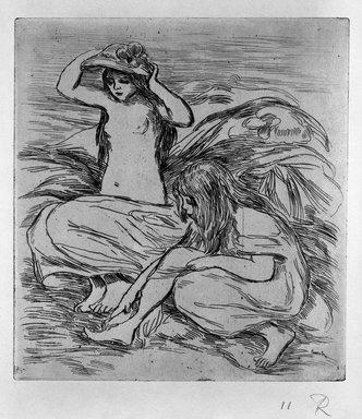 Pierre-Auguste Renoir (Limoges, France, 1841–1919, Cagnes-sur-Mer, France). <em>Les Deux Baigneuses</em>, ca. 1895. Etching on buff wove paper, 10 5/16 x 9 1/2 in. (26.2 x 24.1 cm). Brooklyn Museum, Charles Stewart Smith Memorial Fund, 38.422 (Photo: Brooklyn Museum, 38.422_bw.jpg)