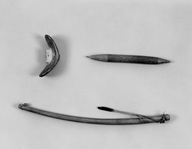 Native Alaskan. <em>Drill Bow, Mouth Piece and Drill</em>, 19th century (possibly). Wood, hide, metal, iron, a: 15 x 3/4 x 5/8 in. or (38.0 x 2.0 cm). Brooklyn Museum, Gift of Frank K. Fairchild, 38.710a-c. Creative Commons-BY (Photo: Brooklyn Museum, 38.710a-c_bw.jpg)