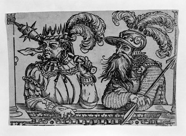 Erhard Schön (German, 1491-1542). <em>Zerah and Ahad</em>, 1531. Woodcut on laid paper, 5 1/16 x 7 7/16 in. (12.9 x 18.9 cm). Brooklyn Museum, Museum Collection Fund, 38.770 (Photo: Brooklyn Museum, 38.770_bw.jpg)