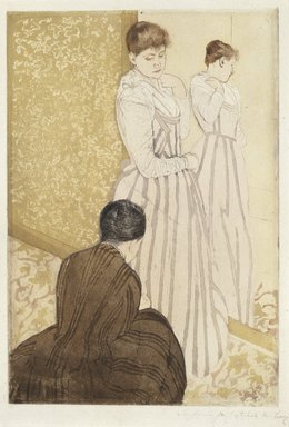 Mary Cassatt (American, 1844-1926). <em>The Fitting</em>, 1890-1891. Drypoint and aquatint etching on off-white, moderately thick, moderately textured laid paper, Sheet: 17 1/4 x 12 in. (43.8 x 30.5 cm). Brooklyn Museum, Dick S. Ramsay Fund, 39.108 (Photo: Brooklyn Museum, 39.108_SL1.jpg)