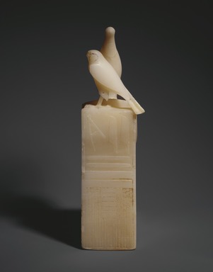  <em>Seated Statuette of Pepy I with Horus Falcon</em>, ca. 2338-2298 B.C.E. Egyptian alabaster, traces of Egyptian blue, red pigment, and gypsum, 10 1/2 x 2 3/4 x 6 1/4 in. (26.7 x 6.98 x 15.9 cm). Brooklyn Museum, Charles Edwin Wilbour Fund, 39.120. Creative Commons-BY (Photo: , 39.120_SL3.jpg)