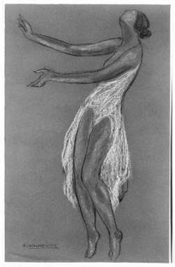 Abraham Walkowitz (American, born Russia, 1878-1965). <em>Isadora Duncan #5</em>, ca. 1917. Pastel on dark blue wove paper, 19 1/16 x 12 3/16 in. (48.4 x 31 cm). Brooklyn Museum, Gift of the artist, 39.150 (Photo: Brooklyn Museum, 39.150_bw.jpg)