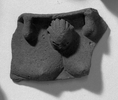  <em>Rim of Pot with Female Head and Bust</em>. Dark brown clay Brooklyn Museum, Museum Expedition 1938, Dick S. Ramsay Fund, 39.332. Creative Commons-BY (Photo: Brooklyn Museum, 39.332_acetate_bw.jpg)