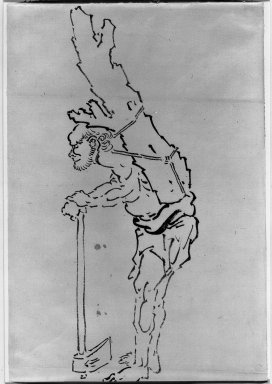 Katsushika Hokusai (Japanese, 1760-1849). <em>Drawing of Man Resting on Axe and Carrying Part of Tree Trunk on His Back</em>, 1760-1849. Ink on paper, 9 15/16 x 14 3/8 in. (25.2 x 36.5 cm). Brooklyn Museum, By exchange, 39.353 (Photo: Brooklyn Museum, 39.353_acetate_bw.jpg)