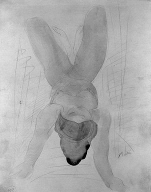 Attributed to Auguste Rodin (French, 1840-1917). <em>Reclining Nude, Forshortened</em>, 19th century. Drawing in pencil with watercolor wash on wove paper, Sheet: 12 1/4 x 9 15/16 in. (31.1 x 25.2 cm). Brooklyn Museum, Henry L. Batterman Fund, 39.374 (Photo: Brooklyn Museum, 39.374_bw.jpg)
