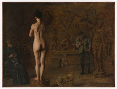 Thomas Eakins (American, 1844–1916). <em>William Rush Carving His Allegorical Figure of the Schuylkill River</em>, 1908. Oil on canvas, 36 1/4 × 48 1/4 × 1 1/4 in. (92.1 × 122.6 × 3.2 cm). Brooklyn Museum, Dick S. Ramsay Fund, 39.461 (Photo: Brooklyn Museum, 39.461_PS22.jpg)