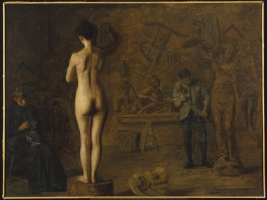 Thomas Eakins (American, 1844-1916). <em>William Rush Carving His Allegorical Figure of the Schuylkill River</em>, 1908. Oil on canvas, 36 1/4 × 48 1/4 × 1 1/4 in. (92.1 × 122.6 × 3.2 cm). Brooklyn Museum, Dick S. Ramsay Fund, 39.461 (Photo: Brooklyn Museum, 39.461_SL1.jpg)