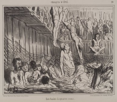 Honoré Daumier (French, 1808-1879). <em>The Bath at Four Sous (Les bains à quatre sous)</em>, June 29, 1858. Lithograph on wove paper, Sheet: 10 1/8 x 13 1/16 in. (25.7 x 33.2 cm). Brooklyn Museum, Carll H. de Silver Fund, 39.544 (Photo: Brooklyn Museum, 39.544.jpg)
