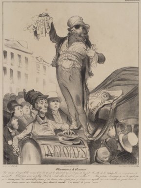 Honoré Daumier (Marseille, France, 1808–1879, Valmondois, France). <em>Messieurs et Dames!</em>, October 7, 1836. Lithograph on wove paper, Sheet: 13 3/16 x 10 1/2 in. (33.5 x 26.7 cm). Brooklyn Museum, Carll H. de Silver Fund, 39.545 (Photo: Brooklyn Museum, 39.545.jpg)