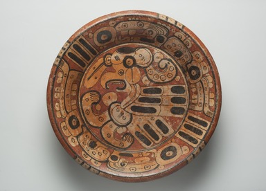 Maya. <em>Tripod Plate</em>, ca. 593-731. Ceramic, pigment, 4 9/16 x 17 11/16 x 17 11/16 in. (11.6 x 44.9 x 44.9 cm). Brooklyn Museum, Dick S. Ramsay Fund, 39.57. Creative Commons-BY (Photo: Brooklyn Museum, 39.57_view01_PS11.jpg)