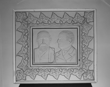 American. <em>Tray or Plaque (Benjamin Harrison & Levi Morton)</em>, ca. 1889. Glass, 1 3/8 x 9 5/8 x 8 1/2 in. (3.5 x 24.4 x 21.6 cm). Brooklyn Museum, Gift of Mrs. William Greig Walker by subscription, 40.155. Creative Commons-BY (Photo: Brooklyn Museum, 40.155_acetate_bw.jpg)