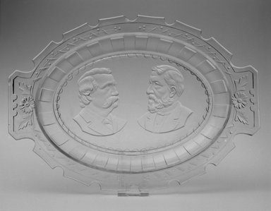  <em>Platter (James Blaine & John Logan)</em>, ca. 1884. Glass, 1 1/2 x 13 x 9 1/4 in. (3.8 x 33 x 23.5 cm). Brooklyn Museum, Gift of Mrs. William Greig Walker by subscription, 40.157. Creative Commons-BY (Photo: Brooklyn Museum, 40.157_bw_Justin_van_Soest_photograph.jpg)