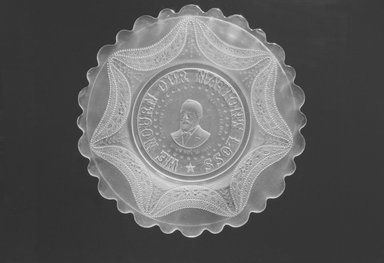  <em>Plate (James Garfield)</em>, ca. 1881. Glass, 1/2 x 11 1/2 x 11 1/2 in. (1.3 x 29.2 x 29.2 cm). Brooklyn Museum, Gift of Mrs. William Greig Walker by subscription, 40.170. Creative Commons-BY (Photo: Brooklyn Museum, 40.170_bw.jpg)