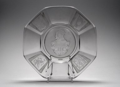 American. <em>Plate (King George VI & Elizabeth)</em>, 1939. Glass, 1 1/4 x 12 x 12 in. (3.2 x 30.5 x 30.5 cm). Brooklyn Museum, Gift of Mrs. William Greig Walker by subscription, 40.206. Creative Commons-BY (Photo: Brooklyn Museum, 40.206.jpg)