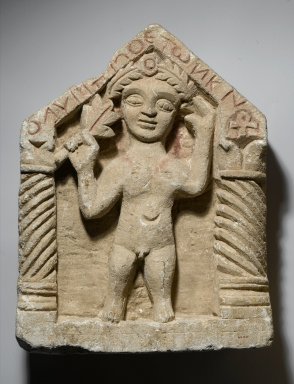 Coptic. <em>Funerary Stela with Male Figure</em>, ca. 500-600 C.E. or later. Limestone, pigment, 14 3/4 x 11 7/16 x 4 1/4 in. (37.4 x 29 x 10.8 cm). Brooklyn Museum, Charles Edwin Wilbour Fund, 40.301. Creative Commons-BY (Photo: Brooklyn Museum, 40.301_PS2.jpg)