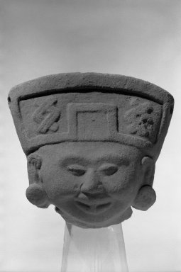 Tlalixcoyan. <em>Laughing Head</em>. Clay, 5 11/16 x 4 15/16 in. (14.5 x 12.5 cm). Brooklyn Museum, Museum Expedition 1939, Museum Collection Fund, 40.33. Creative Commons-BY (Photo: Brooklyn Museum, 40.33_acetate_bw.jpg)