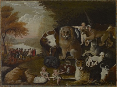 Edward Hicks (American, 1780–1849). <em>The Peaceable Kingdom</em>, ca. 1833–1834. Oil on canvas, 17 7/16 x 23 9/16 in. (44.3 x 59.8 cm). Brooklyn Museum, Dick S. Ramsay Fund, 40.340 (Photo: Brooklyn Museum, 40.340_PS9.jpg)