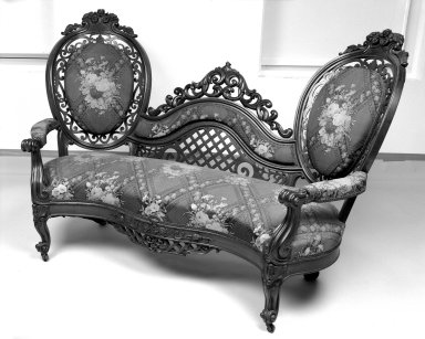 Attributed to Charles H. White. <em>Sofa</em>, ca. 1855. Rosewood, modern upholstery (reupholstered April 1958), 43 1/2 x 24 x 63 in. (110.5 x 61 x 160 cm). Brooklyn Museum, Gift of Louise G. Zabriskie, 40.351.1. Creative Commons-BY (Photo: Brooklyn Museum, 40.351.1_bw.jpg)
