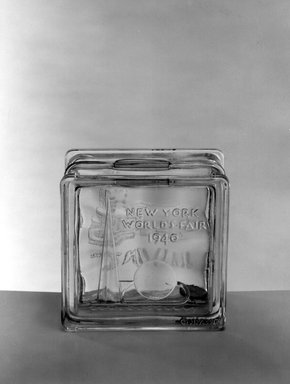 American. <em>Bank (New York World's Fair)</em>, 1940. Glass, 1 3/4 x 3 1/4 x 3 1/4 in. (4.4 x 8.3 x 8.3 cm). Brooklyn Museum, Gift of Mrs. William Greig Walker, 40.376. Creative Commons-BY (Photo: Brooklyn Museum, 40.376_acetate_bw.jpg)