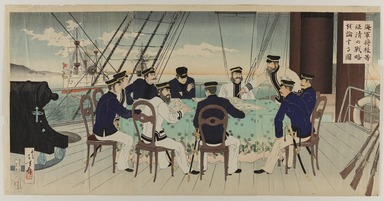Mizuno Toshikata (Japanese,1866-1908). <em>Print Showing Officers Studying Maps</em>, ca. 1868-1912. Print, 14 x 28 3/4 in. (35.6 x 73 cm). Brooklyn Museum, Gift of The Old Print Shop, 40.435 (Photo: Brooklyn Museum, 40.435_PS20.jpg)