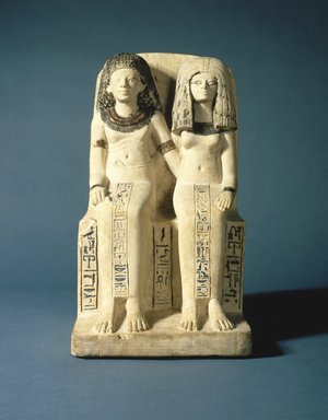  <em>Pair Statue of Nebsen and Nebet-ta</em>, ca. 1400-1352 B.C.E. Limestone, pigment, 15 7/8 x 8 9/16 x 9 1/4 in. (40.4 x 21.8 x 23.5 cm). Brooklyn Museum, Charles Edwin Wilbour Fund, 40.523. Creative Commons-BY (Photo: Brooklyn Museum, 40.523_view1_SL1.jpg)