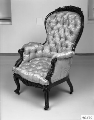 Elijah Galusha (American, ca. 1850). <em>Bergere (Rococo Revival style)</em>, 1856. Rosewood, modern upholstery, 41 3/4 x 23 1/2 x 23 in. (106 x 59.7 x 58.4 cm). Brooklyn Museum, Dick S. Ramsay Fund, 40.590. Creative Commons-BY (Photo: Brooklyn Museum, 40.590_bw_IMLS.jpg)