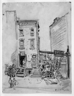 Jerome Myers (American, 1867-1940). <em>Tenements</em>, 1908. Graphite on paper, Sheet: 10 1/2 x 8 1/16 in. (26.7 x 20.5 cm). Brooklyn Museum, Gift of Mrs. George D. Pratt, 40.693. © artist or artist's estate (Photo: Brooklyn Museum, 40.693_bw_IMLS.jpg)