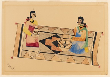 Oqwa Pi aka Abel Sanchez (San Ildefonso Pueblo, 1889-1971). <em>Two Women on a Rug</em>, 1930-1940. Watercolor over graphite on wove paper, 9 13/16 x 14 1/4 in. (24.9 x 36.2 cm). Brooklyn Museum, Dick S. Ramsay Fund, 40.88. Creative Commons-BY (Photo: Brooklyn Museum Photograph, 40.88_PS11.jpg)