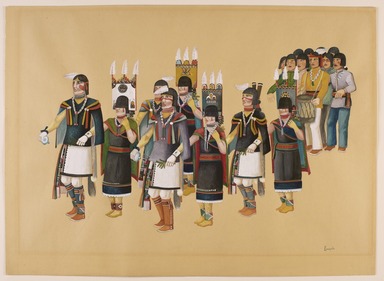 Louis Lomayesva (Hopi Pueblo, 1916-1996). <em>Hopi Corn Dance</em>, 1930s. Watercolor on paper, 15 15/16 x 21 15/16 in. (40.5 x 55.7 cm). Brooklyn Museum, Dick S. Ramsay Fund, 40.90. Creative Commons-BY (Photo: Brooklyn Museum Photograph, 40.90_PS20.jpg)