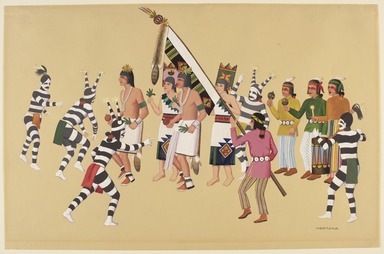 Waldo Mootzka (Hopi Pueblo, ca. 1903-1940). <em>Fall Corn Dance</em>, 1938. Opaque watercolor over graphite on textured wove paper, 13 x 20 1/16 in. (33 x 51 cm). Brooklyn Museum, Dick S. Ramsay Fund, 40.91. Creative Commons-BY (Photo: Brooklyn Museum Photograph, 40.91_PS11.jpg)