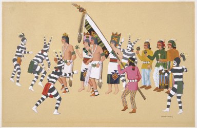 Waldo Mootzka (Hopi Pueblo, ca. 1903-1940). <em>Fall Corn Dance</em>, 1938. Opaque watercolor over graphite on textured wove paper, 13 x 20 1/16 in. (33 x 51 cm). Brooklyn Museum, Dick S. Ramsay Fund, 40.91. Creative Commons-BY (Photo: Brooklyn Museum, 40.91_SL1.jpg)