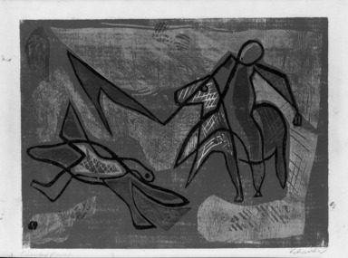 Louis Schanker (American, 1903-1981). <em>St. George and the Dragon</em>. Woodblocks, 10 7/8 x 13 3/8 in. (27.6 x 33.9 cm). Brooklyn Museum, Gift of the artist, 41.1163.1-.4. © artist or artist's estate (Photo: Brooklyn Museum, 41.1163.5_acetate_bw.jpg)
