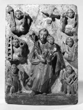 Unknown. <em>St. Joseph, Christ Child, and Angels</em>, 17th-18th century. Stone; huamanga, 7 15/16 x 5 15/16 x 1 1/2 in. Brooklyn Museum, Museum Expedition 1941, Frank L. Babbott Fund, 41.1275.11. Creative Commons-BY (Photo: Brooklyn Museum, 41.1275.11_bw.jpg)