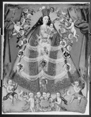 Cuzco School. <em>Our Lady of Pomata</em>, 1675. Oil on canvas, 44 3/4 x 35 1/2in. (113.7 x 90.2cm). Brooklyn Museum, Museum Expedition 1941, Frank L. Babbott Fund, 41.1275.177 (Photo: Brooklyn Museum, 41.1275.177_bw_SL1.jpg)