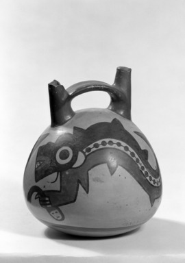 Nasca. <em>Double-Spout Vessel with Mythical Killer Whale</em>, circa 250 CE. Ceramic, pigment, 5 1/2 × 4 3/4 × 4 3/4 in. (14 × 12.1 × 12.1 cm). Brooklyn Museum, Museum Expedition 1941, Frank L. Babbott Fund, 41.1275.19. Creative Commons-BY (Photo: Brooklyn Museum, 41.1275.19_bw.jpg)