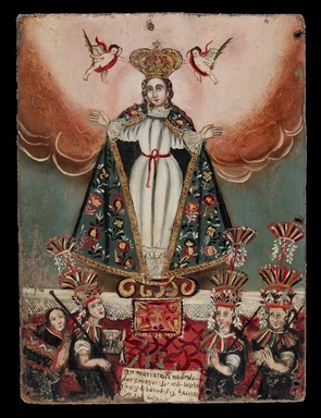 Unknown. <em>The Virgin Mary with Indigenous (Aymara) Donors</em>, 1752. Oil on wood panel, panel: 10 1/4 x 7 9/16 x 3/8 in. (26 x 19.2 x 1 cm). Brooklyn Museum, Museum Expedition 1941, Frank L. Babbott Fund, 41.1275.225 (Photo: Brooklyn Museum, 41.1275.225_PS4.jpg)