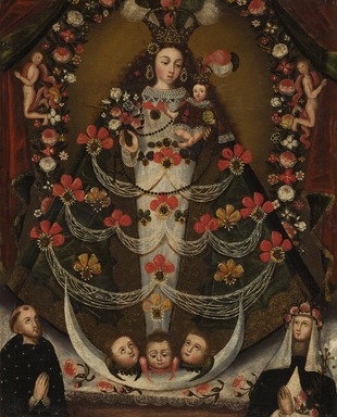 Unknown. <em>Virgin of Pomata with St. Nicholas Tolentino and St. Rose of Lima</em>, 1700–1750. Oil on canvas, 26 × 21 in. (66 × 53.3 cm). Brooklyn Museum, Museum Expedition 1941, Frank L. Babbott Fund, 41.1275.400 (Photo: Brooklyn Museum, 41.1275.400_PS22.jpg)
