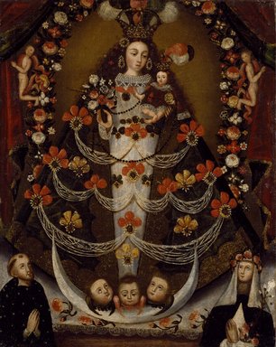 Unknown. <em>Virgin of Pomata with St. Nicholas Tolentino and St. Rose of Lima</em>, 1700-1750. Oil on canvas, 26 × 21 in. (66 × 53.3 cm). Brooklyn Museum, Museum Expedition 1941, Frank L. Babbott Fund, 41.1275.400 (Photo: Brooklyn Museum, 41.1275.400_SL3.jpg)