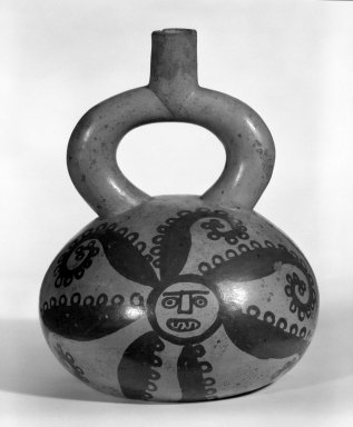 Moche. <em>Jar with Flat Bottom</em>, 350-450. Ceramic, cream slip, red pigment, 7 5/8 x 6 1/4 x 6 1/4 in. (19.4 x 15.9 x 15.9 cm). Brooklyn Museum, Museum Expedition 1941, Frank L. Babbott Fund, 41.1275.80. Creative Commons-BY (Photo: Brooklyn Museum, 41.1275.80_view2_bw.jpg)
